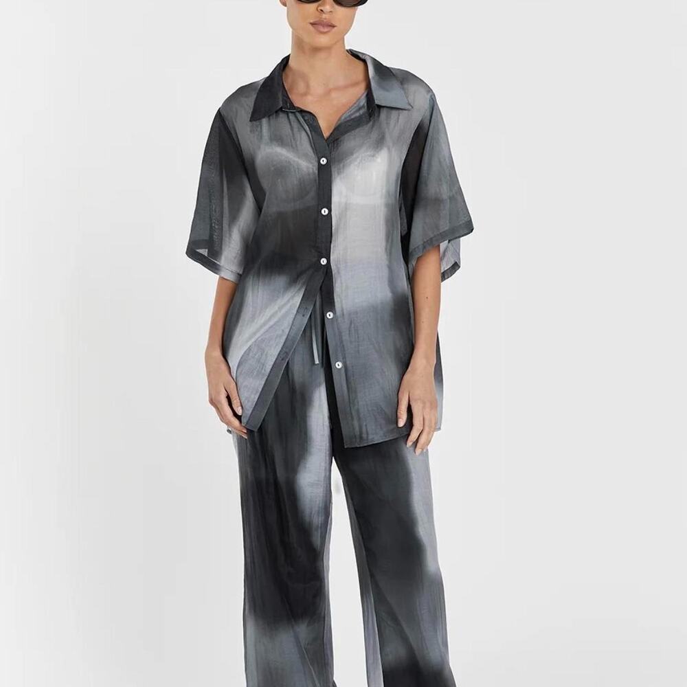 Dissh Women's 4 Gray Black Short Sleeve Silk Cotton Oversized Shirt Edgy P2-16